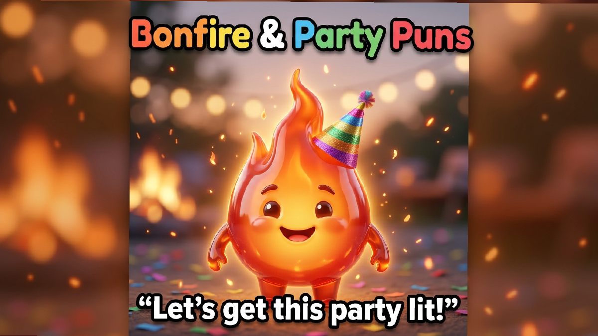 Smiling orange-red flame character wearing party hat, outdoor bonfire setting, string lights, confetti, warm amber tones, ember sparkles, colorful title, witty caption.