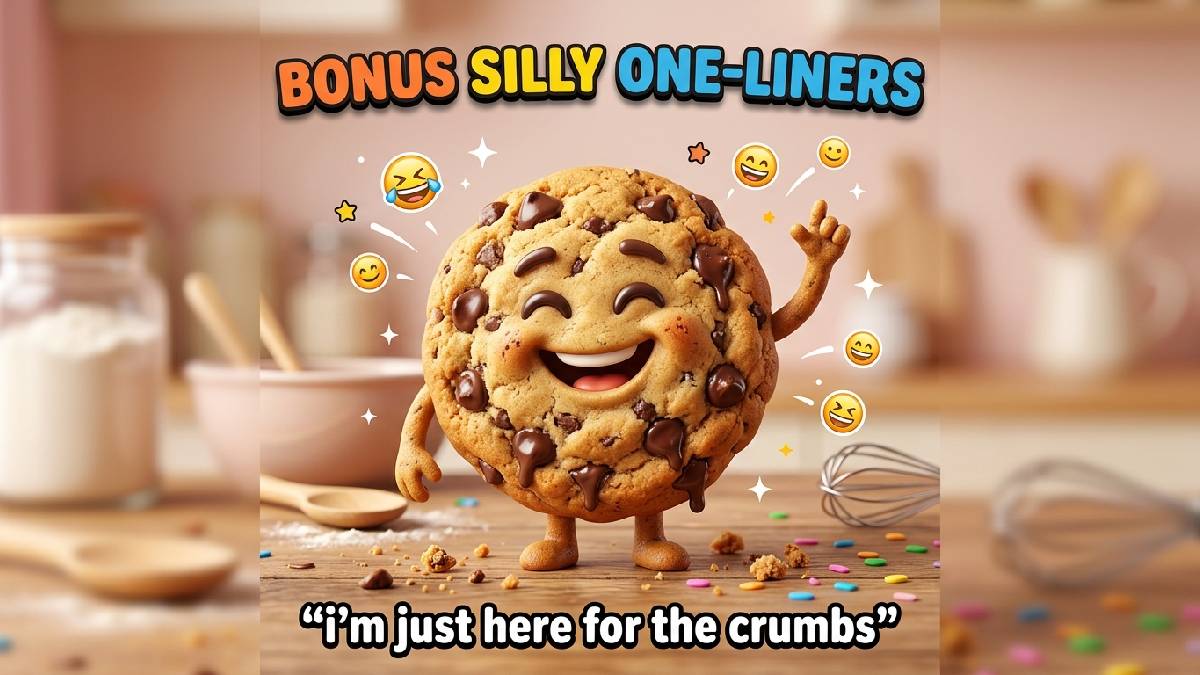Goofy smiling chocolate chip cookie with raised arm, melting chocolate chips, cozy kitchen, crumbs, stars, laughing emojis, sparkles, title, and silly caption.