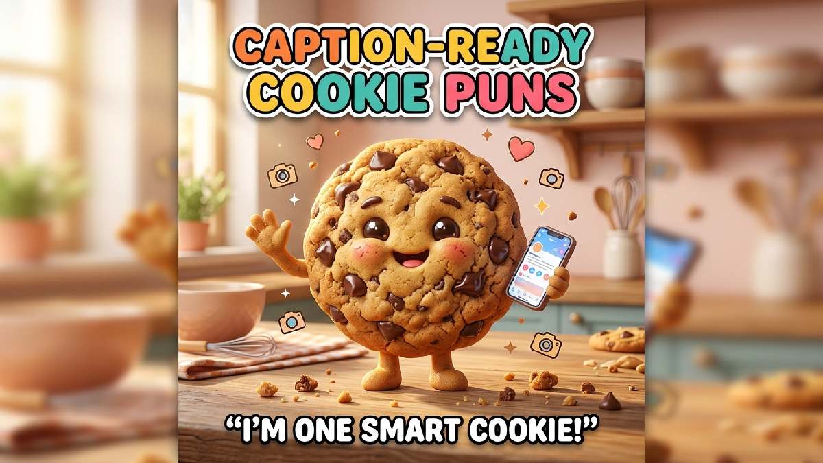 Smiling golden-brown chocolate chip cookie holding smartphone, melting chocolate chips, cozy kitchen, crumbs, heart and camera icons, sparkles, title, caption.