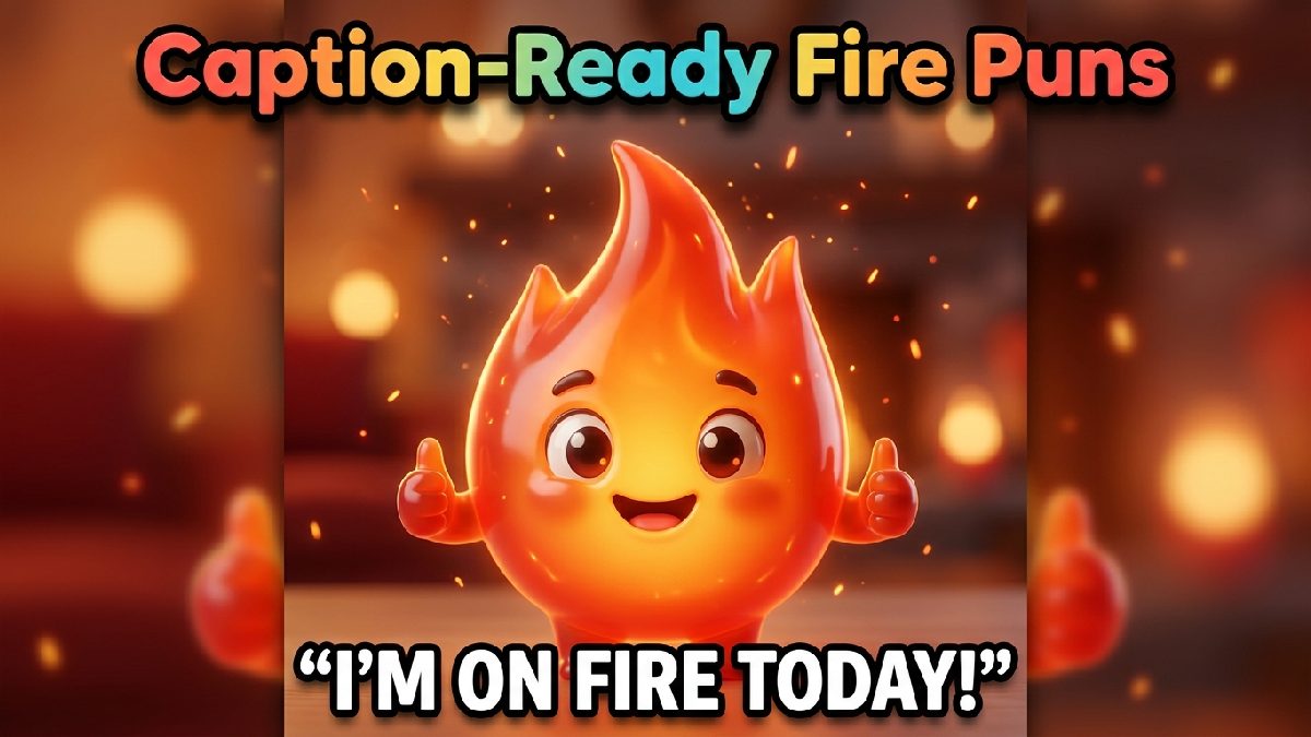 Smiling orange-red flame character with glowing body, flickering top, light sparks, warm amber background, bokeh, ember accents, title, and witty caption.
