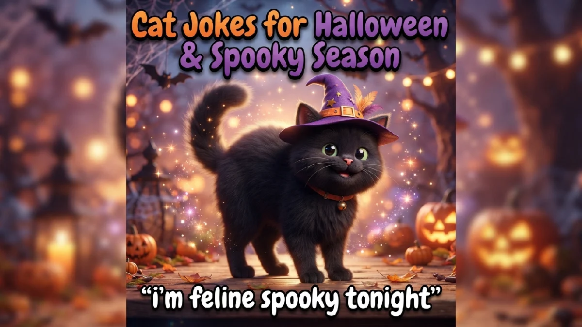 Playful black cat wearing witch hat with arched back, surrounded by jack-o-lanterns, cobwebs, bats, orange-purple lighting, and Halloween decorations.