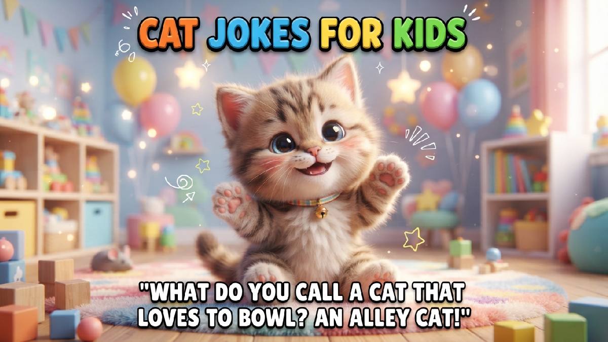 Cute smiling kitten with large sparkly eyes and fluffy fur sitting cheerfully, surrounded by colorful balloons, stars, and playful decorations.