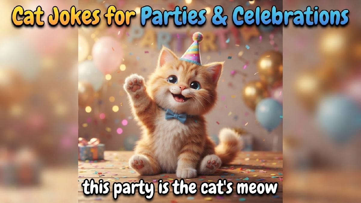 Cute cheerful cat character wearing colorful party hat, raised paw, fluffy fur, surrounded by balloons, confetti, streamers, and warm bokeh.