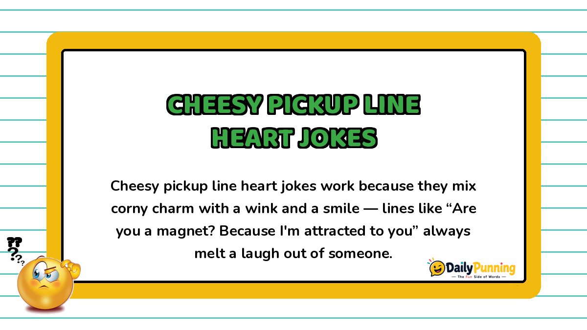 Yellow bordered card featuring cheesy pickup line heart jokes with a sample line, confused emoji, and DailyPunning logo branding.