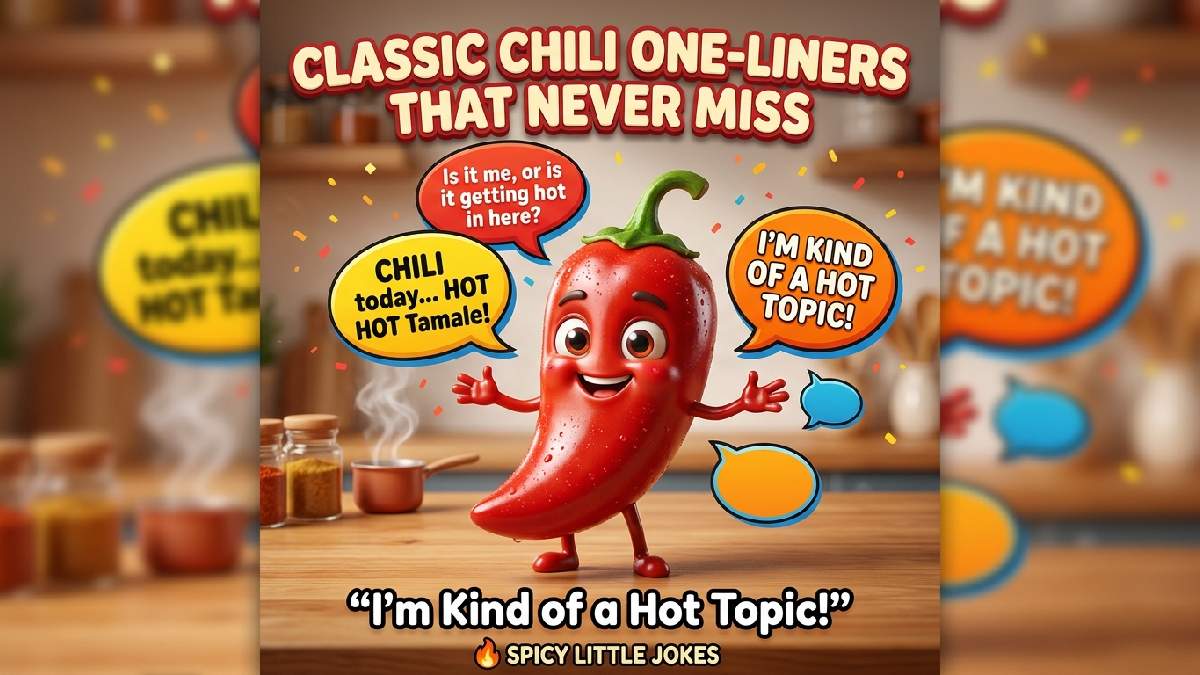 Red chili pepper character with smiling face, green stem, speech bubbles, warm kitchen background, steam wisps, sparkles, colorful title, and spicy caption.
