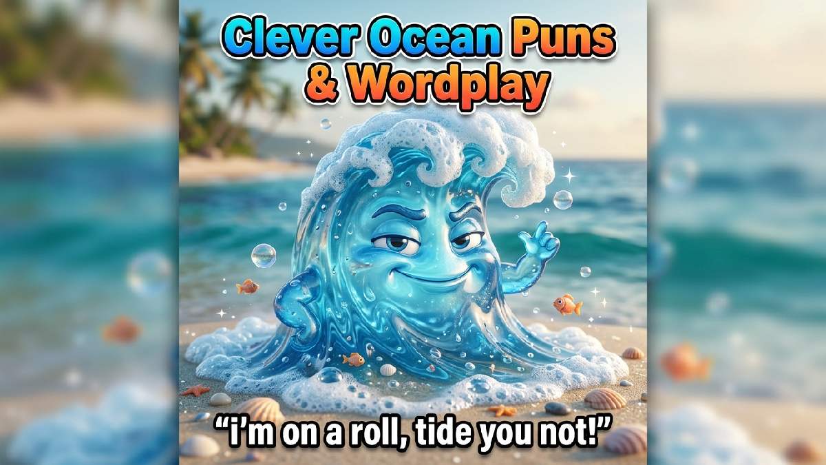 Smart smirking blue ocean wave with foamy curl, water droplets, beach background, bubbles, fish, seashells, sparkles, colorful title, and witty caption.