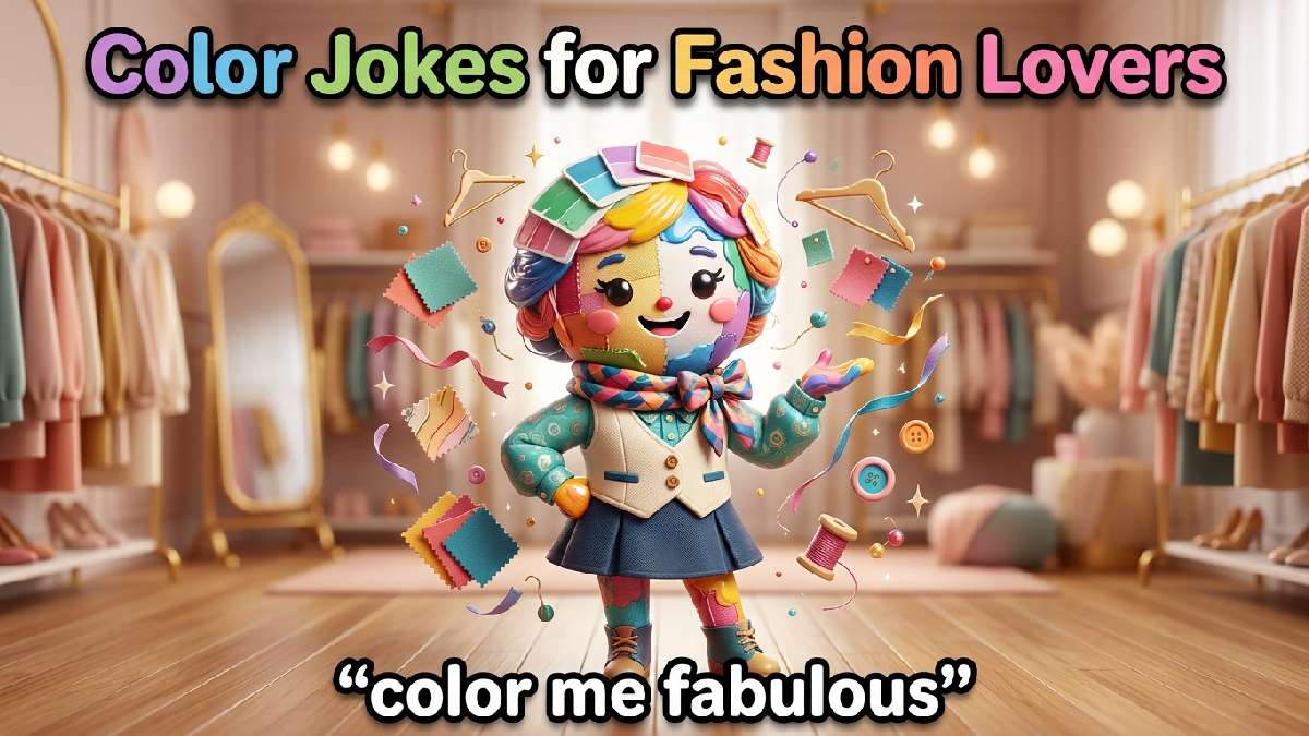 Smiling colorful paint palette character in stylish outfit, surrounded by hangers, fabric swatches, ribbons, sparkles, boutique background, fashion title, and caption.