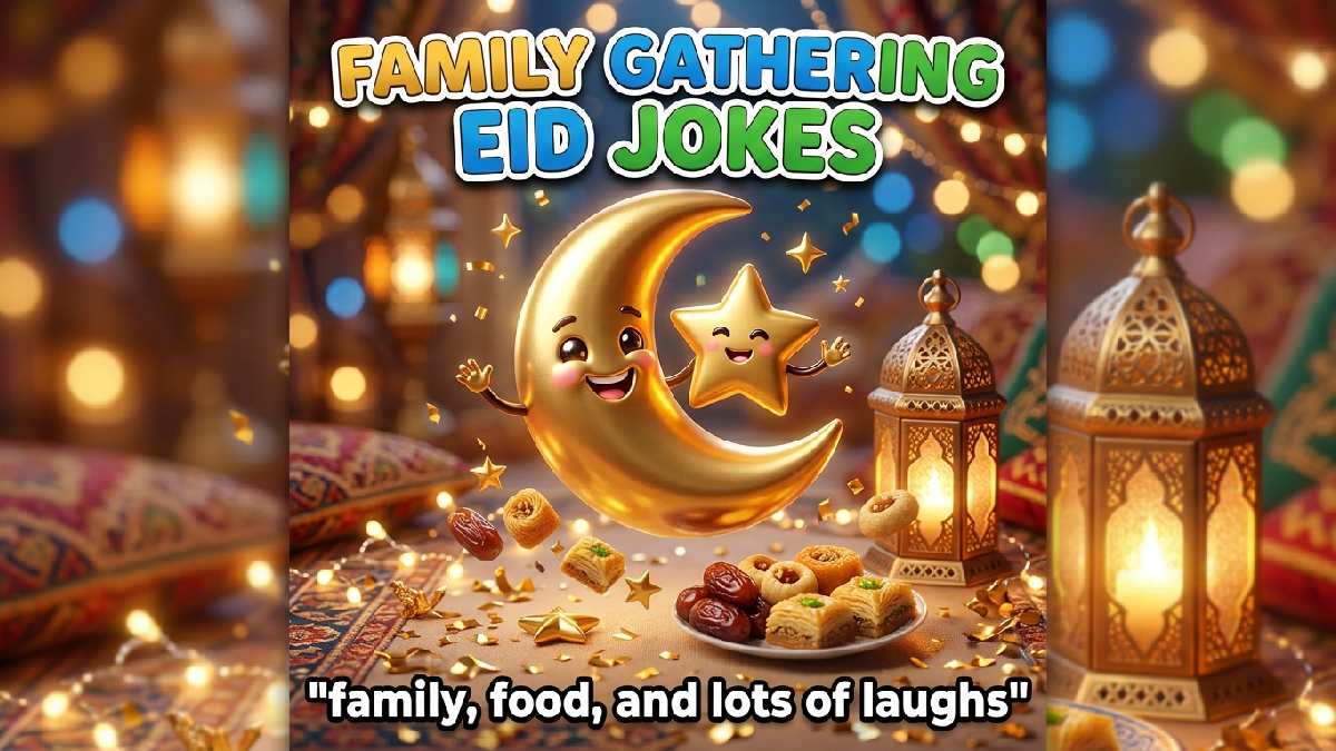 Smiling golden crescent moon and star characters with lantern, string lights, dates, baklava, festive background, colorful title, and funny caption.