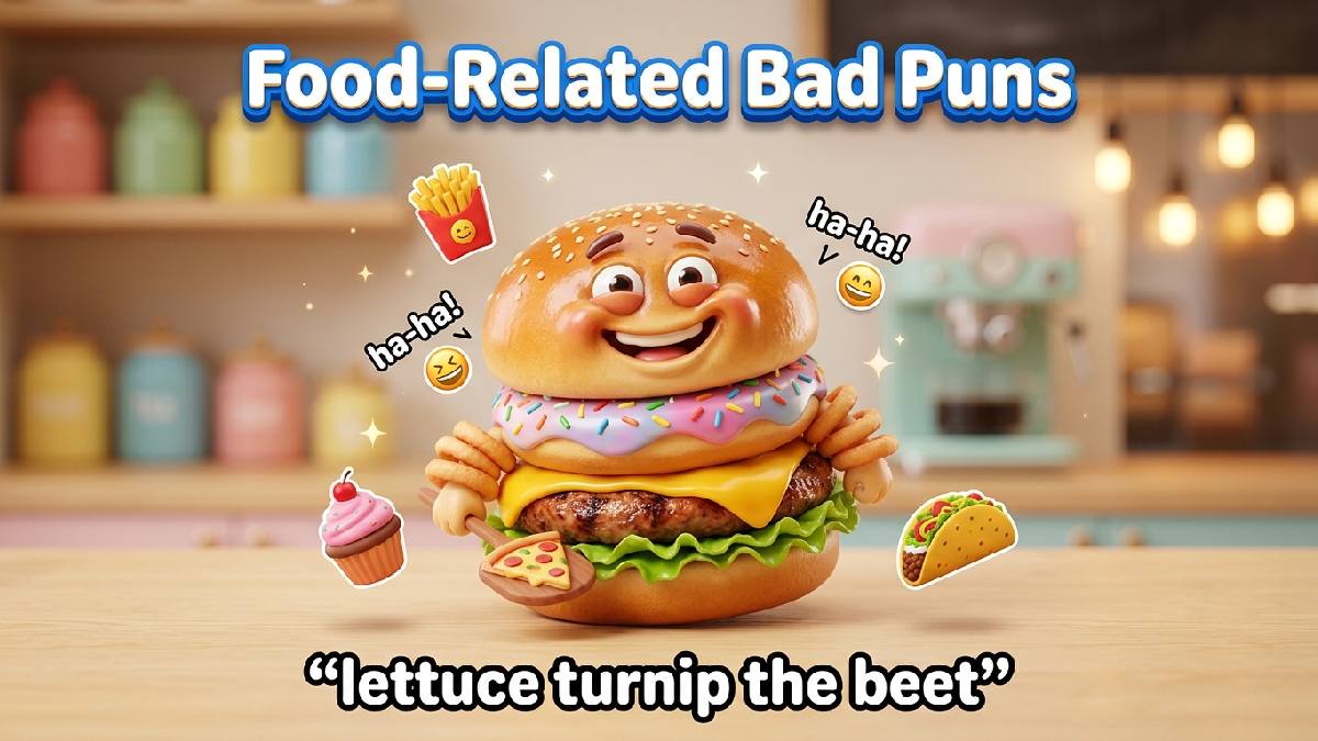 Goofy smiling food character made from burger, donut, or pizza, surrounded by fries, cupcake, taco, โha-haโ bubbles, warm cafe background, sparkles.