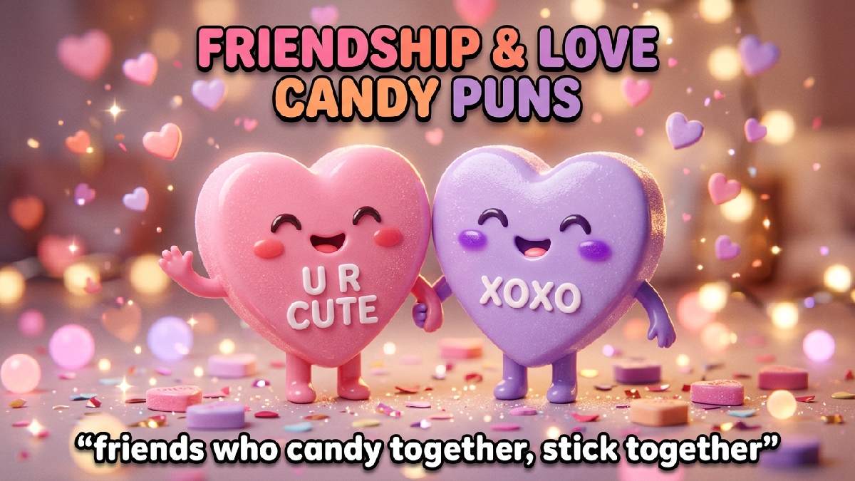 Two smiling pink and purple heart candies standing together, pastel texture, mini candy hearts, pink-lavender background, sparkles, title, and witty caption.