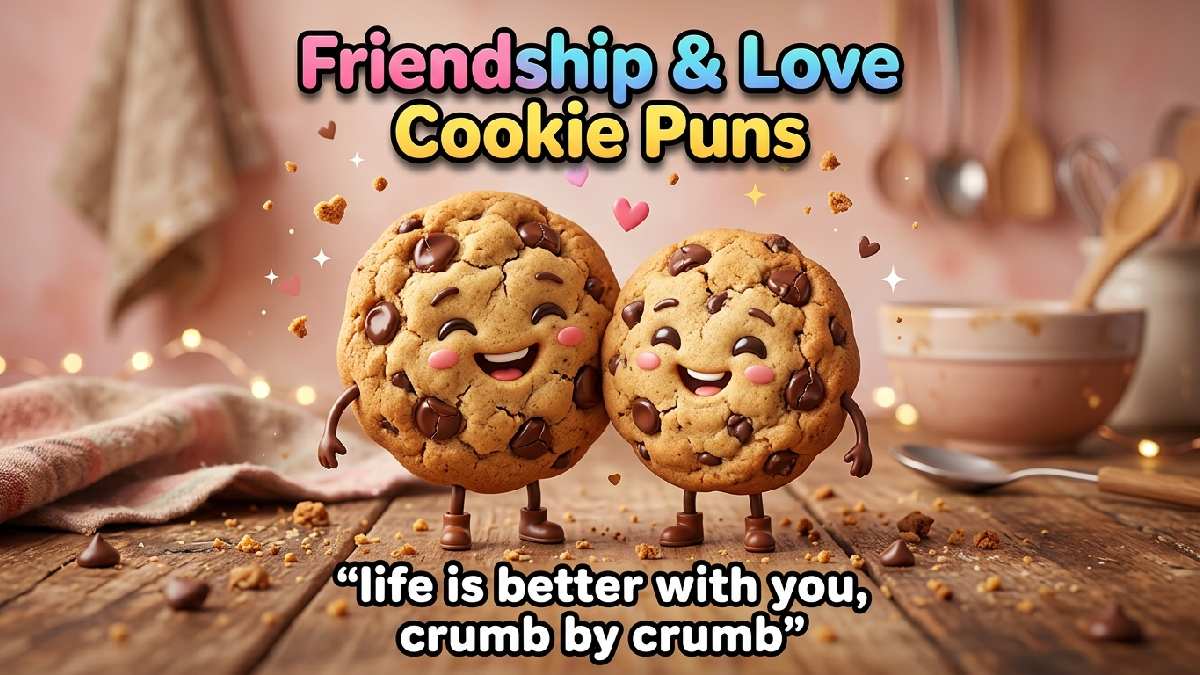Two smiling golden-brown chocolate chip cookies standing together, one leaning on the other, pink-brown kitchen background, hearts, crumbs, sparkles, title, caption.