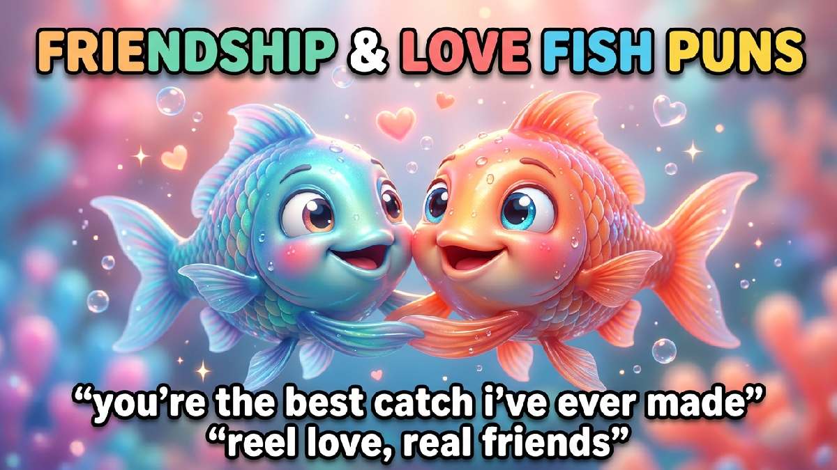 Two smiling orange-pink and blue fish swimming together, glossy scales, expressive eyes, water droplets, pink-turquoise underwater background, hearts, bubbles, sparkles, title, caption.