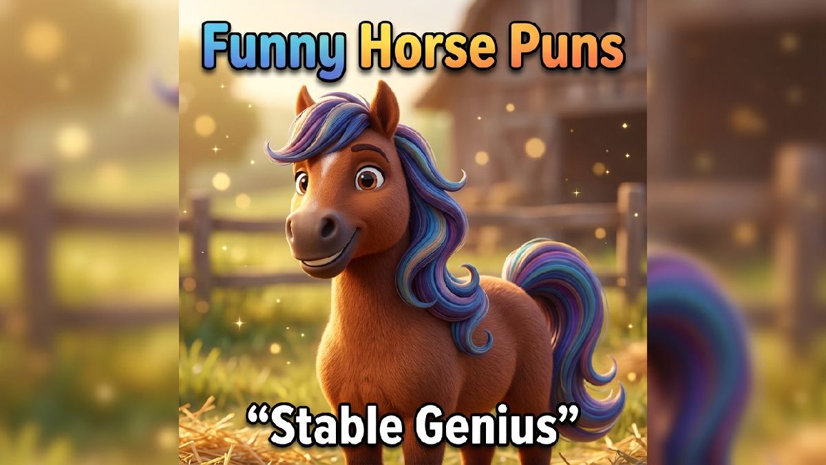 Smiling horse with colorful mane, realistic fur, farm meadow background, floating hay bits, sparkle accents, bold title, and funny horse-themed caption.