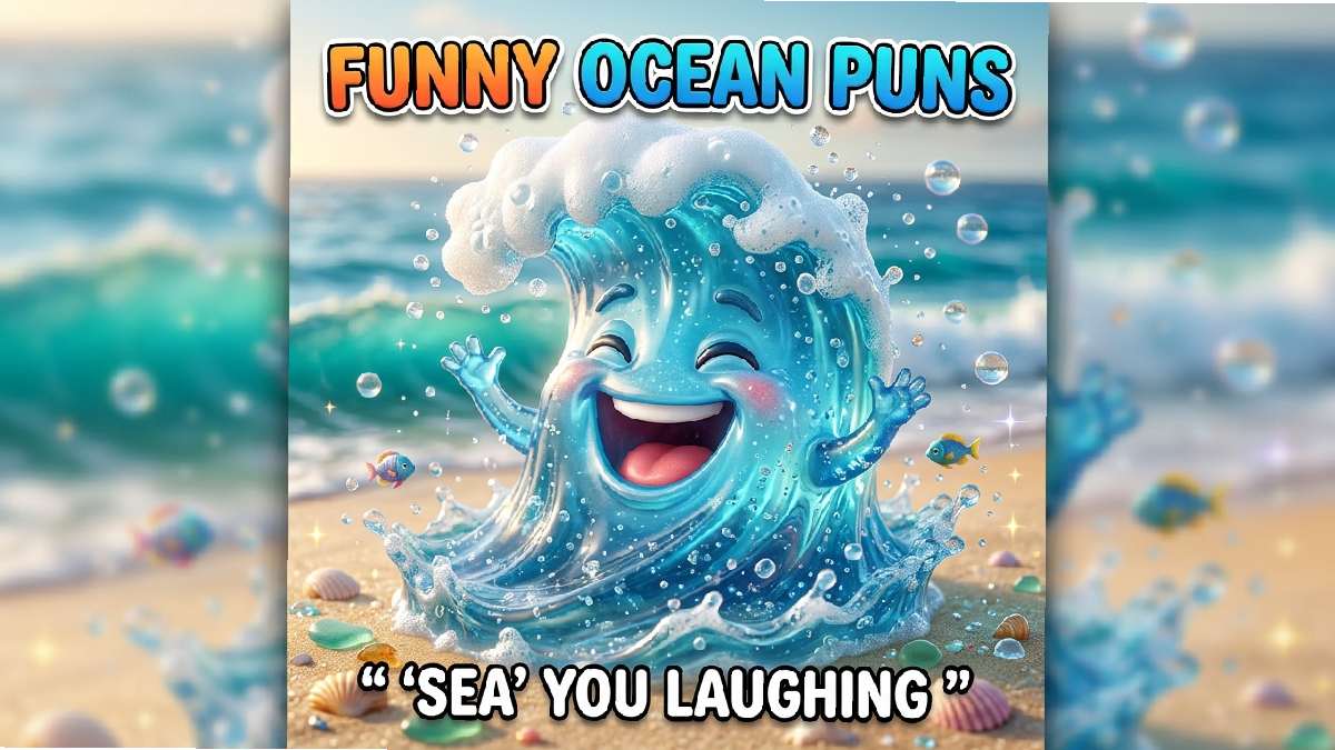 Goofy smiling blue water wave with foamy curl, water droplets, beach background, bubbles, fish, seashells, sparkles, colorful title, and funny caption.
