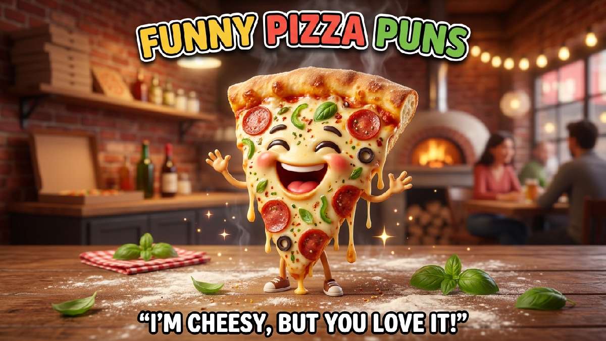 Goofy laughing pizza slice with melted cheese, pepperoni toppings, golden crust, steam, cozy pizzeria background, flour, basil, sparkles, title, and caption.