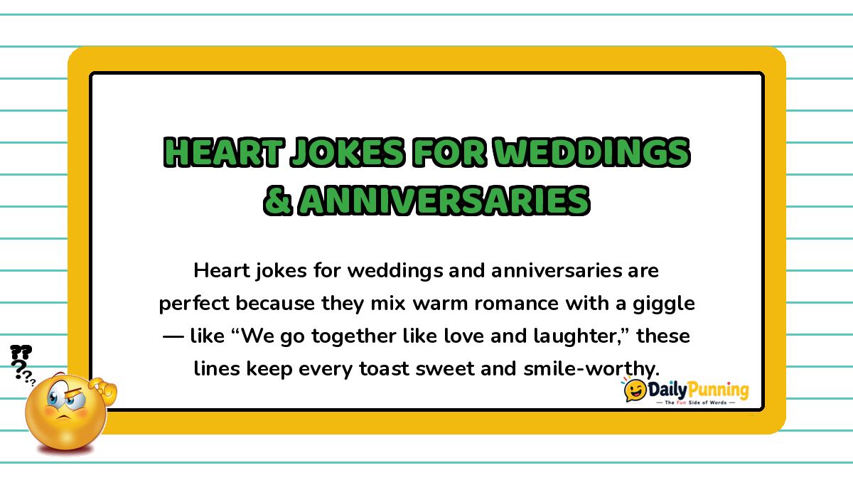 Yellow bordered card featuring heart jokes for weddings and anniversaries with a romantic sample line, confused emoji, and DailyPunning logo.
