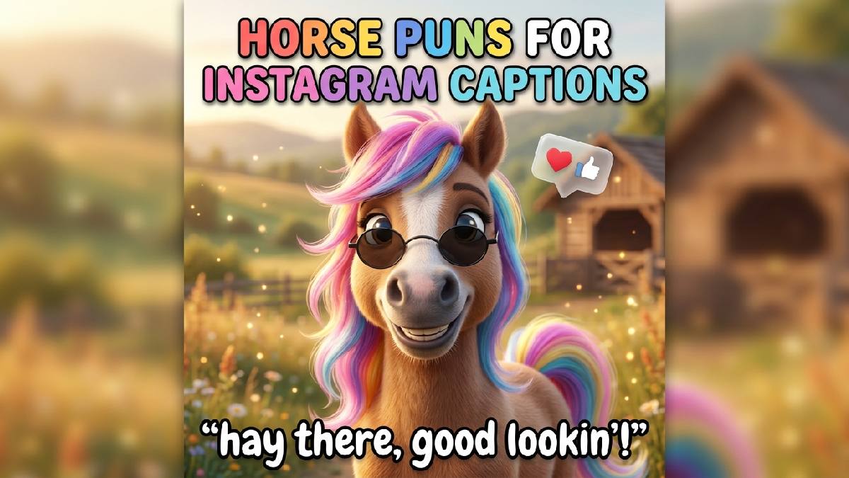 Smiling horse with colorful mane, trendy sunglasses, Instagram speech bubble, phone icon, meadow background, sparkles, bold title, and funny caption.