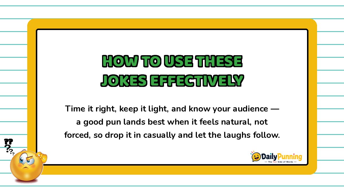 Yellow bordered card explaining how to use jokes effectively with timing tips, a confused emoji, and DailyPunning logo branding.