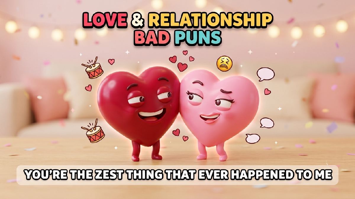 Two smiling red and pink heart characters holding hands, romantic lighting, tiny hearts, rimshot drum, groaning emoji, speech bubbles, sparkles, confetti.