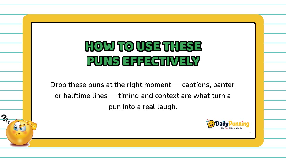 Card explaining how to use puns effectively with timing tips, featuring a confused emoji and DailyPunning logo inside the border.