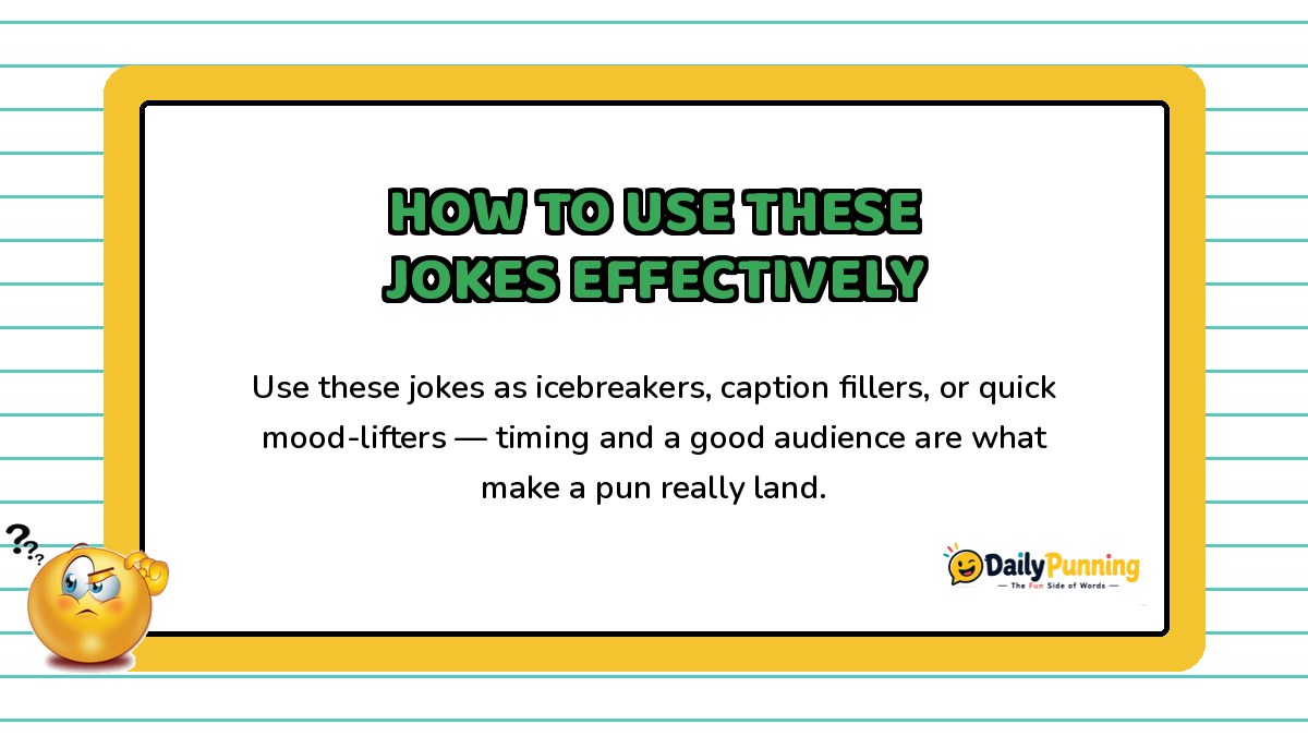 Tips card on how to use jokes effectively, with a confused emoji, yellow border design, and DailyPunning logo branding.