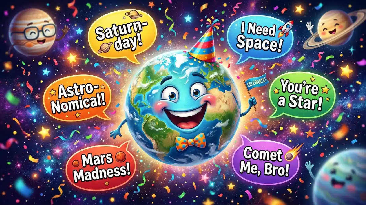 Silly Earth planet in party hat with multiple speech bubbles confetti and stars showing bonus silly planet one-liner jokes collection.