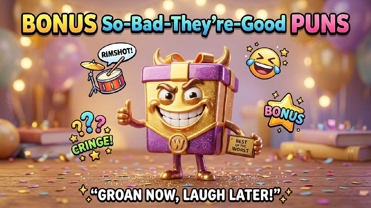 Golden trophy character with mischievous grin and thumbs-up, glittery texture, rimshot drum, laughing emoji, bonus star badge, question marks, confetti, sparkles.