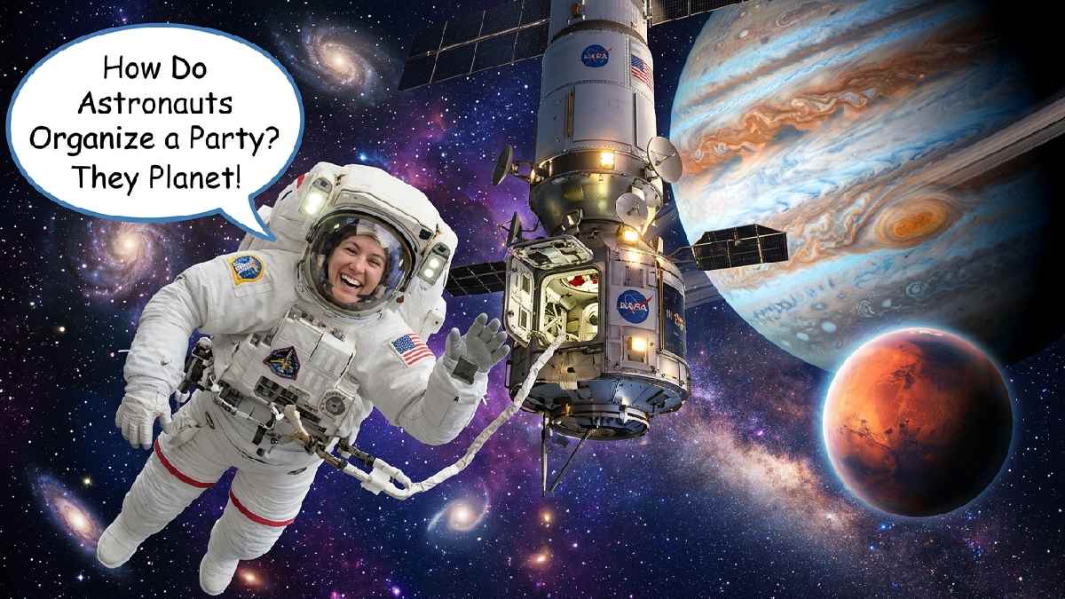 Cheerful astronaut floating near rocket in space with funny speech bubble showing hilarious astronaut and space travel planet jokes.
