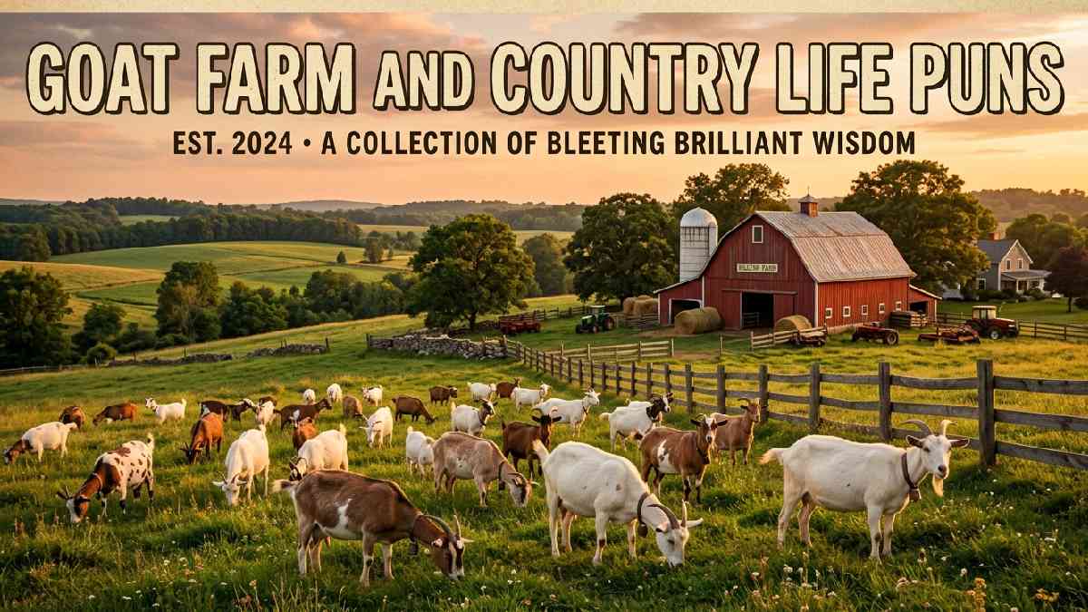 Herd of goats grazing near red barn and fence at sunset representing farm and country life goat puns collection.