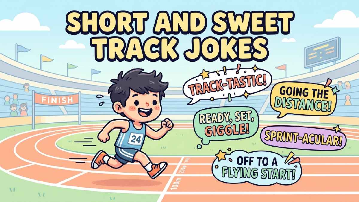 Small cartoon runner mid-stride with short punchy speech bubbles representing quick and sweet track themed one-liner jokes collection.