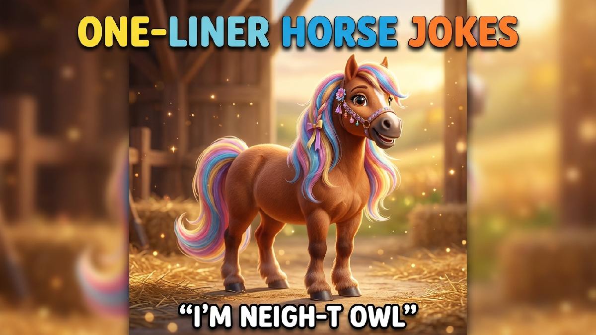 Full-body smiling horse with colorful mane, expressive eyes, realistic fur, meadow background, sparkles, bold title, funny caption, and fully framed composition.