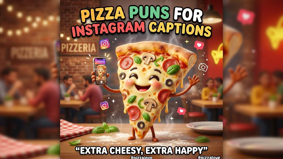 Smiling pizza slice taking selfie with phone, melted cheese, pepperoni, steam, trendy cafe, Instagram icons, basil, sparkles, colorful title, and caption.