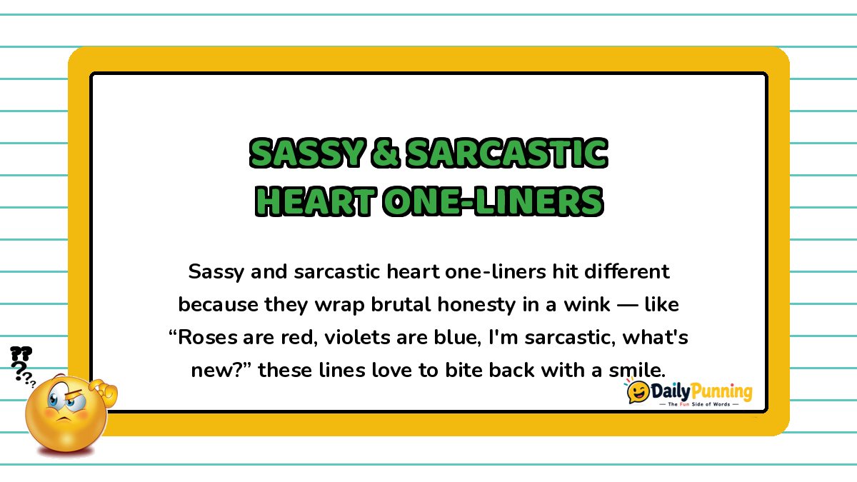 Yellow bordered card featuring sassy sarcastic heart one-liners with a sample joke, confused emoji, and DailyPunning logo branding.