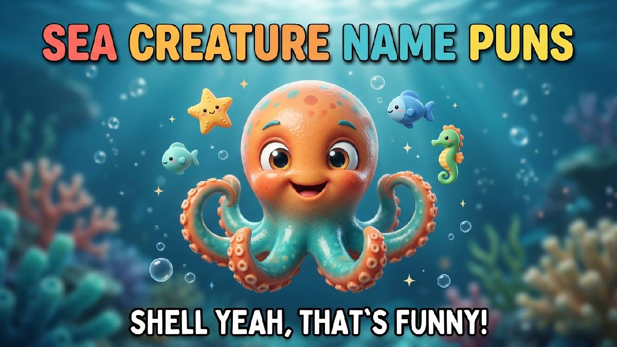 Smiling sea creature character surrounded by fish, starfish, seahorse icons, underwater coral background, bubbles, sparkles, colorful title, and witty caption.