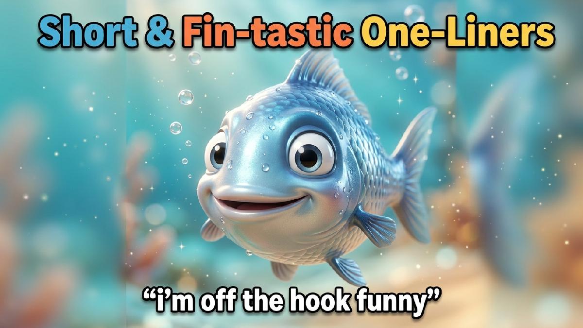 Smiling blue and silver fish with glossy scales, expressive eyes, fin-like arms, water droplets, turquoise underwater background, bubbles, sparkles, title, and caption.