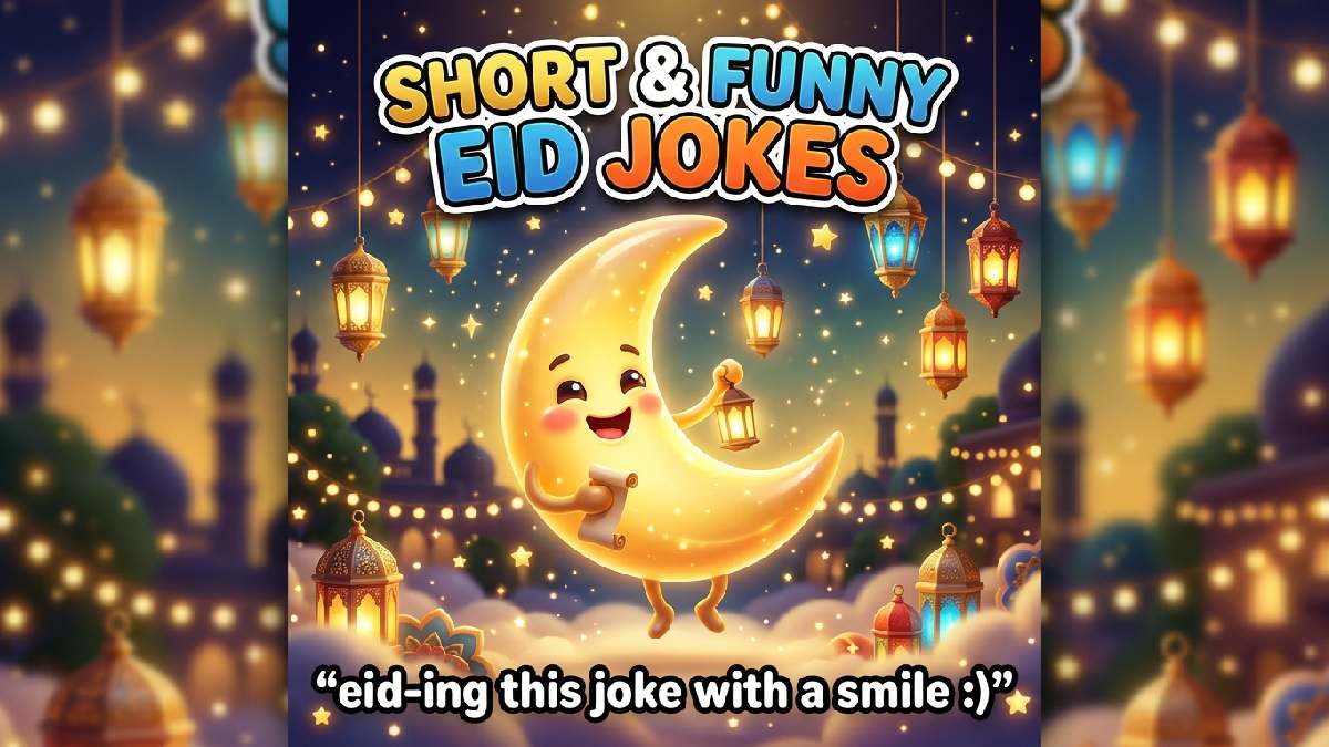 Smiling golden crescent moon character with glowing texture, decorative lanterns, twinkling stars, festive string lights, blue-gold night background, title, and caption.