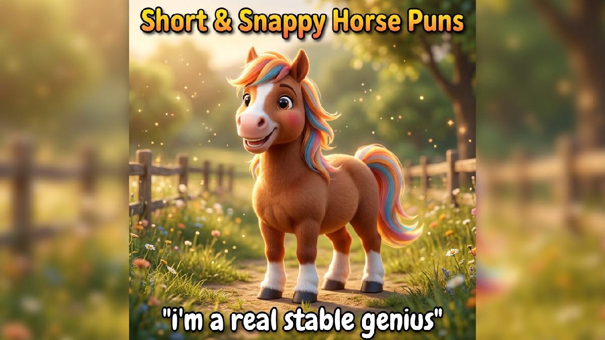 Full-body smiling horse with colorful flowing mane, realistic fur, meadow background, sparkles, bold title, funny caption, and generous framing.