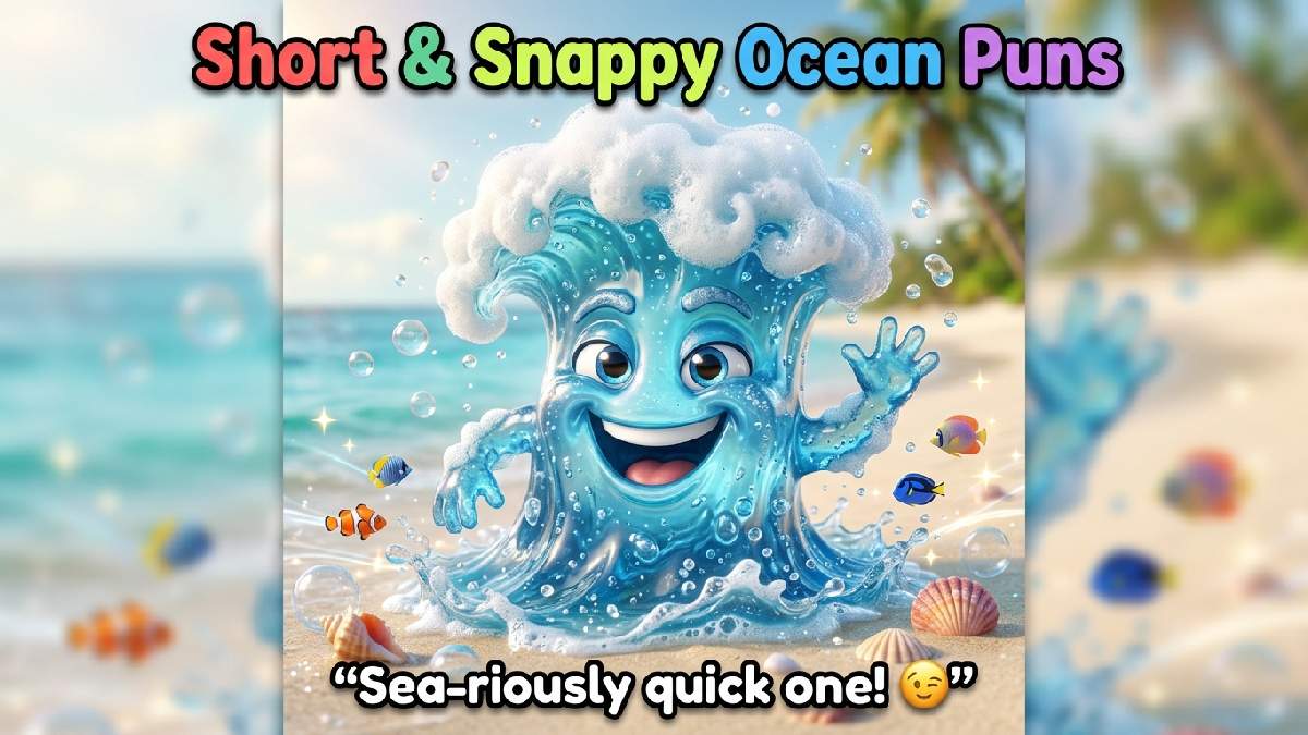 Cheeky blue ocean wave with foamy white curl, water droplets, beach background, bubbles, fish, seashells, sparkles, colorful title, and witty caption.