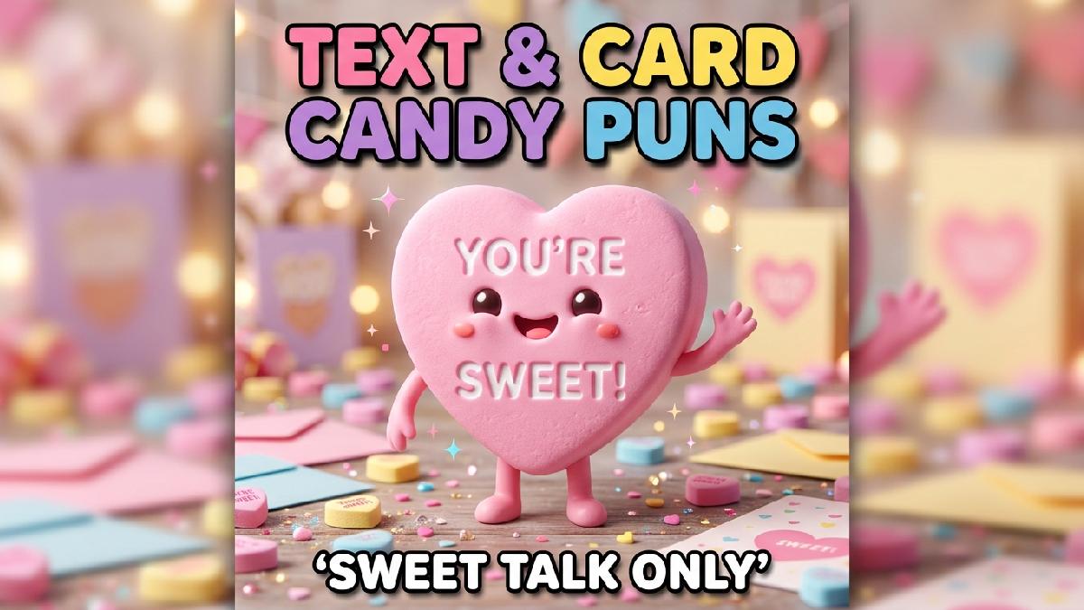 Smiling pastel conversation heart candy character with printed word, mini candy hearts, greeting cards, sparkle accents, pastel background, colorful title, and witty caption.