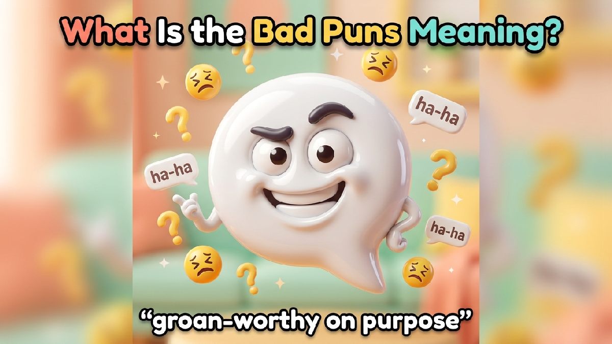 Goofy speech bubble character with raised eyebrow, glossy texture, question marks, groan emojis, ha-ha bubbles, pastel background, sparkles, title, caption.