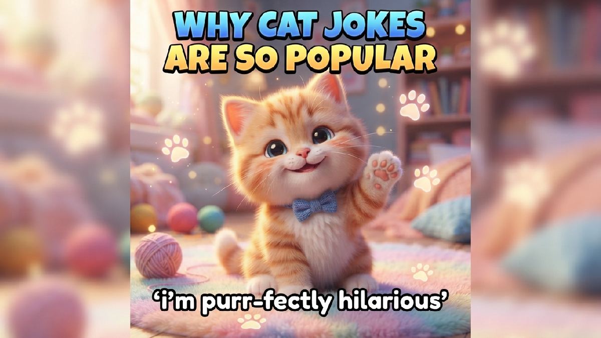 Mischievous smiling cat character with fluffy fur, raised paw, whiskers, yarn balls, floating paw prints, sparkles, and Why Cat Jokes Are So Popular title.