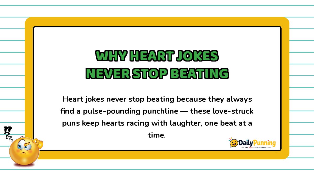 Yellow bordered card explaining why heart jokes never stop beating, featuring a confused emoji and DailyPunning logo branding.