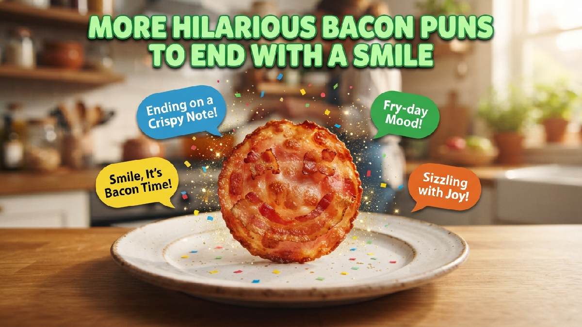 Bacon strip shaped like smiley face on plate with confetti surrounded by speech bubbles showing more hilarious bacon puns.