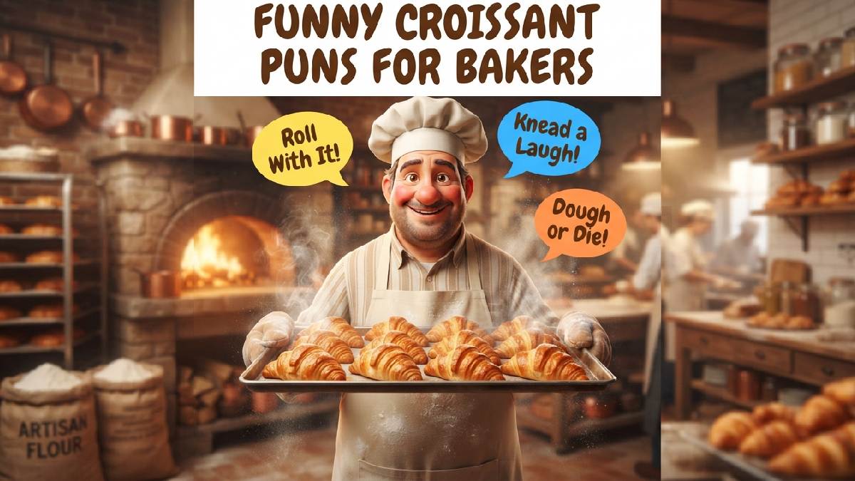 Cartoon baker holding tray of fresh croissants with flour dust and speech bubbles showing funny croissant puns made for bakers.