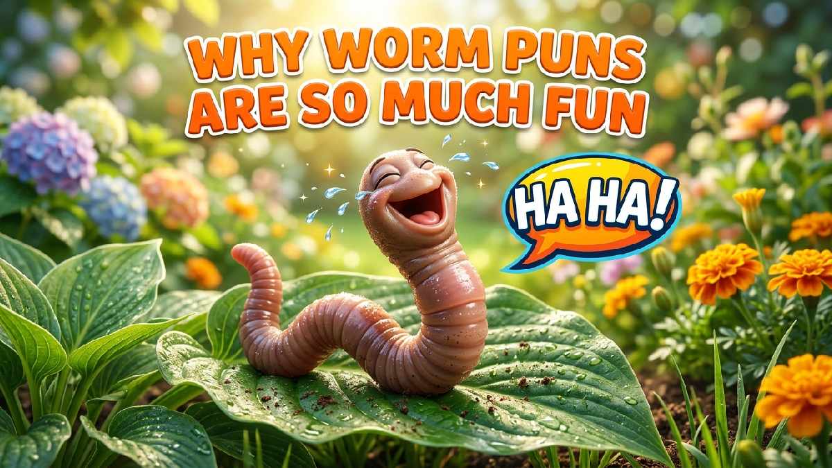 Laughing cartoon earthworm on a leaf with joyful speech bubble showing why worm puns are so much fun to share.