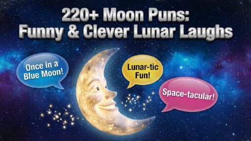 Smiling cartoon crescent moon with twinkling stars and playful speech bubbles showing 220 plus funny and clever lunar moon puns.