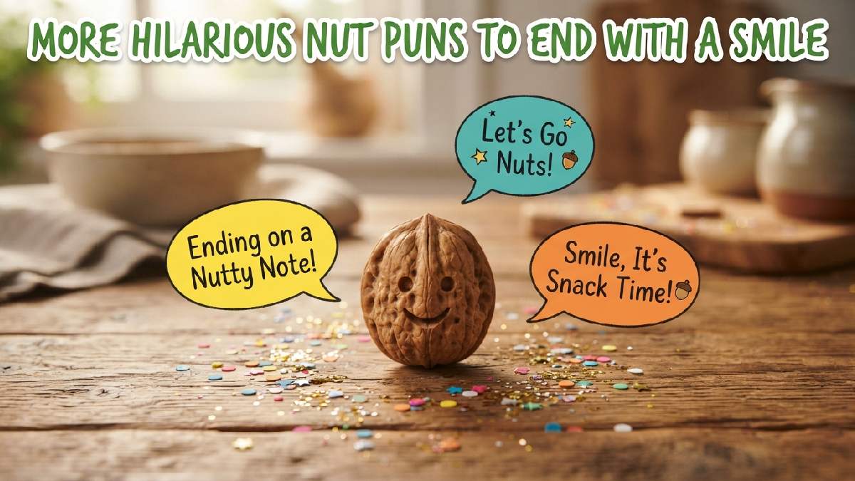 Walnut shell carved into smiley face on table with confetti surrounded by speech bubbles showing more hilarious nut puns.