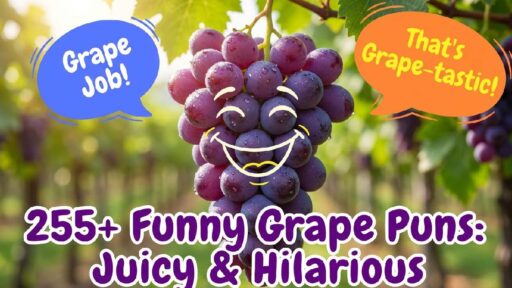 Smiling cartoon grape bunch with juice droplets and playful speech bubbles showing 255 plus funny juicy and hilarious grape puns.