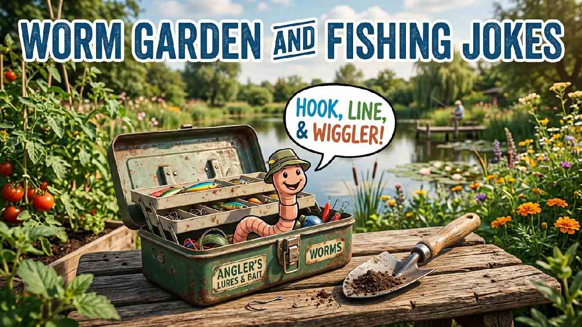 Cartoon earthworm in fisherman hat near tackle box and garden shovel with speech bubble showing worm garden and fishing jokes.