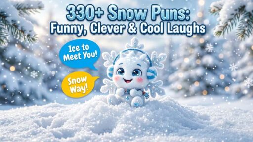 Cartoon snowflake character on snow pile with playful speech bubbles showing 330 plus funny clever and cool snow puns.